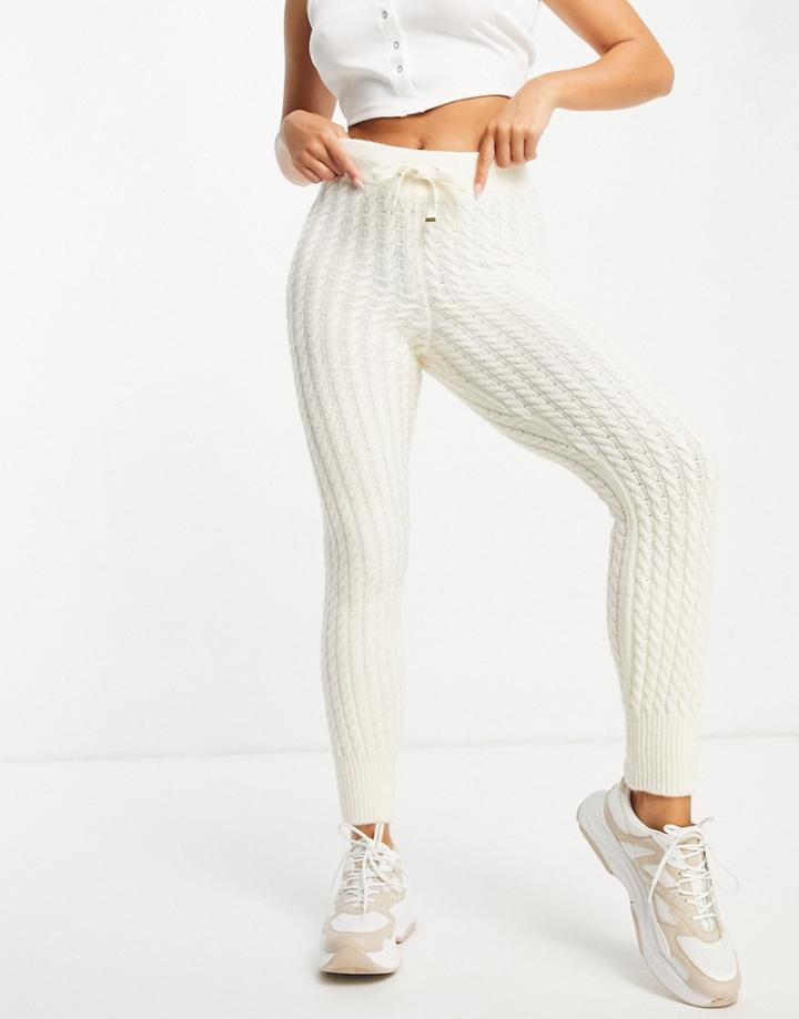 River Island Cable Knit Cuffed Hem Sweatpants In Cream-white