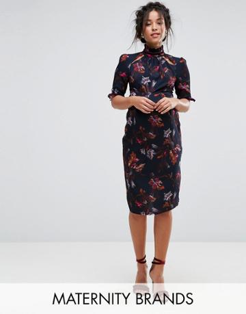 Hope & Ivy Maternity Floral Printed Dress With Velvet Trims - Multi