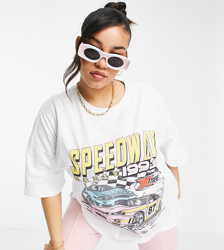 Asos Design Curve Oversized T-shirt With Speedway Graphic In White