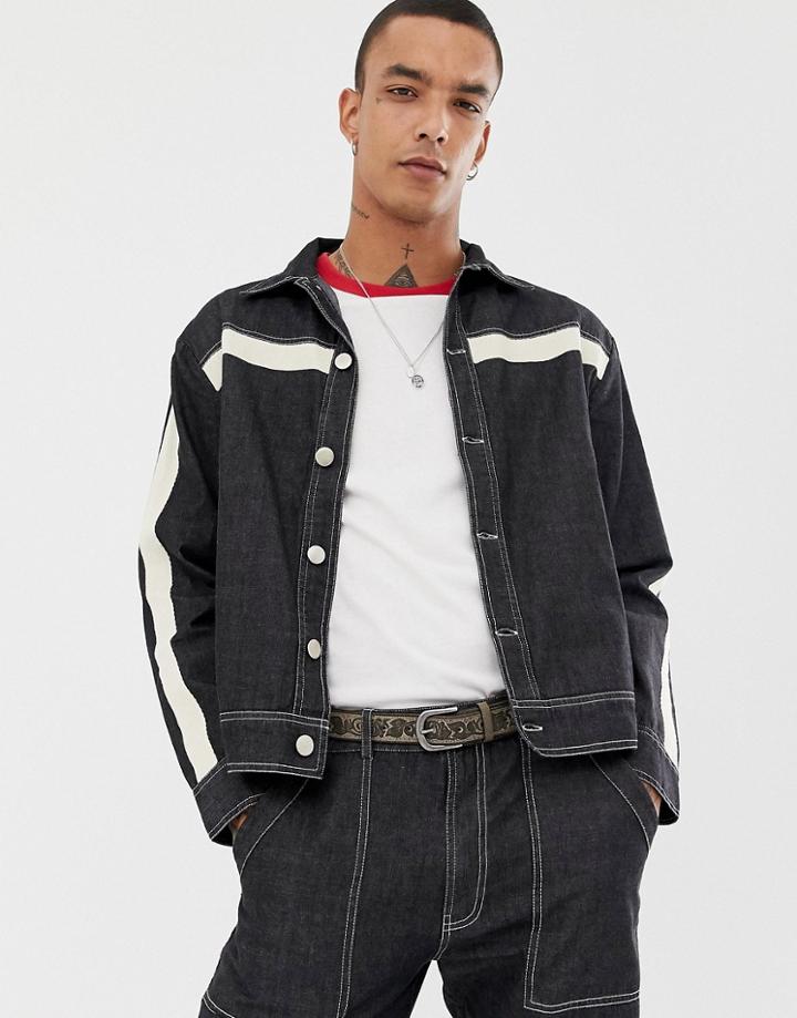 Sacred Hawk Denim Jacket With Side Stripe - Black