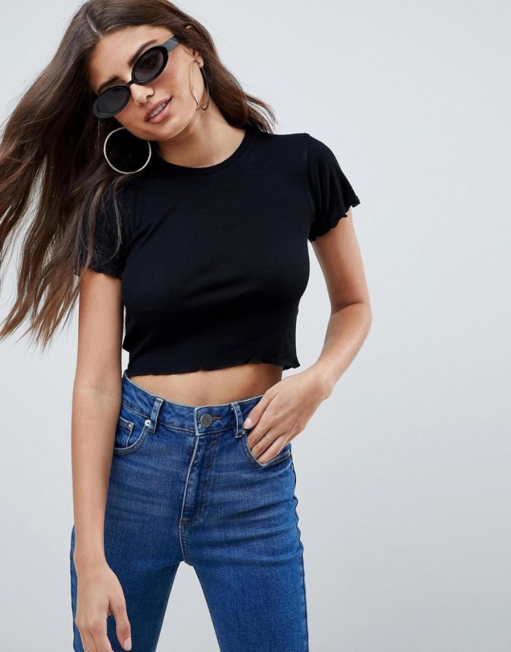 Asos Design Crop Top With Lettuce Hem In Rib - Black