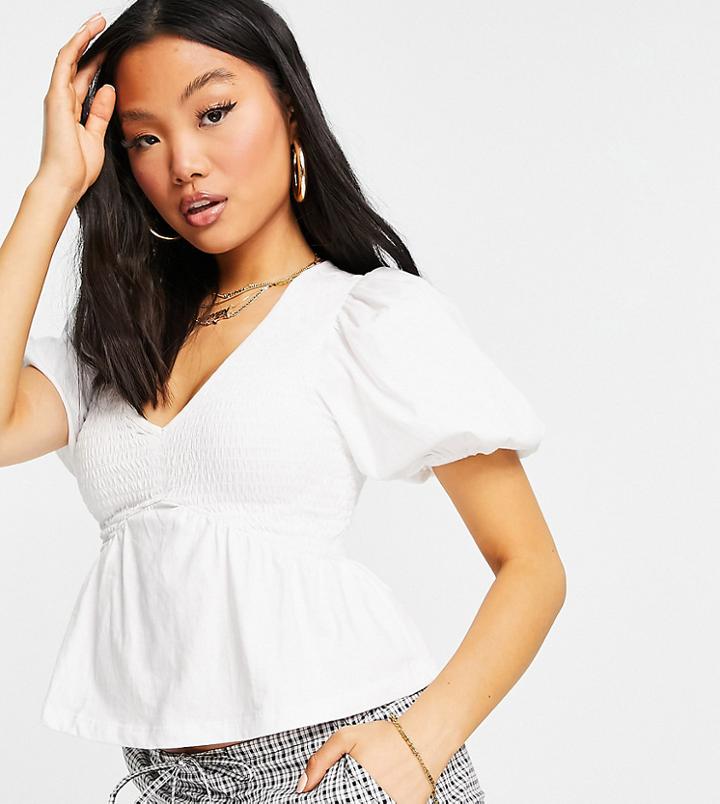 Asos Design Petite Shirred Peplum Smock Top With Short Sleeves In White