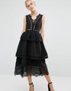 Lost Ink V Neck Dress With Lace And Frill Detail - Black