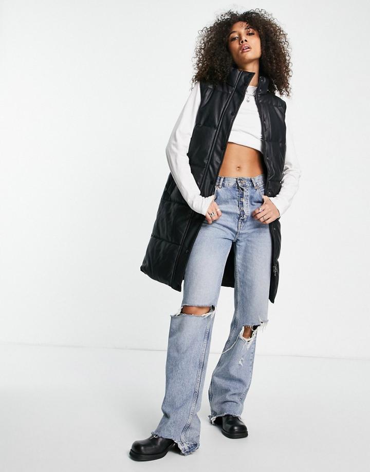 Violet Romance Pu Longline Vest In Black