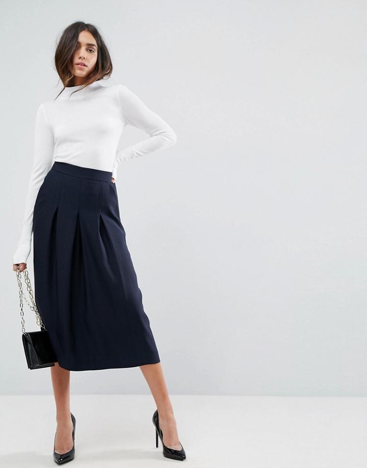 Asos Tailored Clean Column Skirt With Pleats-navy