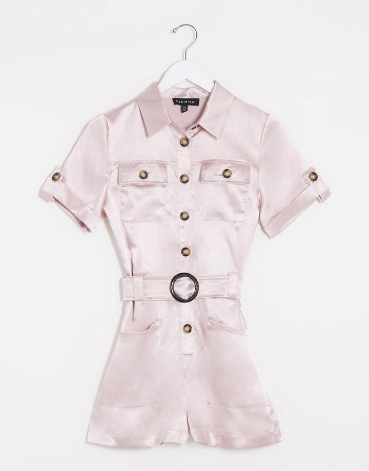 Parisian Satin Utility Romper In Pink