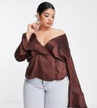 Asos Design Curve Drape Long Sleeve Top With Button Keyhole Detail And Peplum Hem In Chocolate-brown