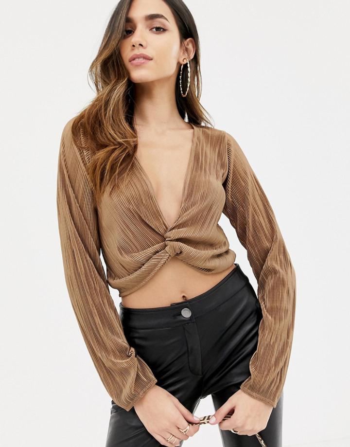 Asos Design Wrap Top With Plunge Twist Front In Plisse With Long Sleeve - Beige