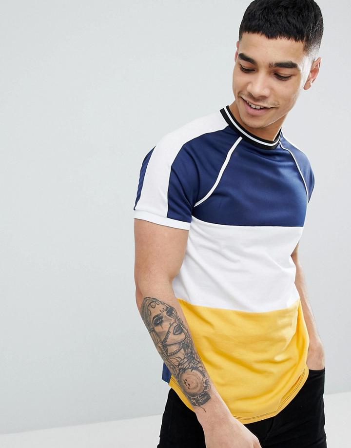 Asos Design Raglan T-shirt With Curved Hem And Contrast Color Block And Tipping - Blue