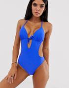 South Beach Cut Away Swimsuit With Macrame Details - Blue