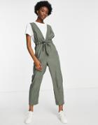 Asos Design Cupro Plunge Drawcord Waist Jumpsuit In Khaki-green