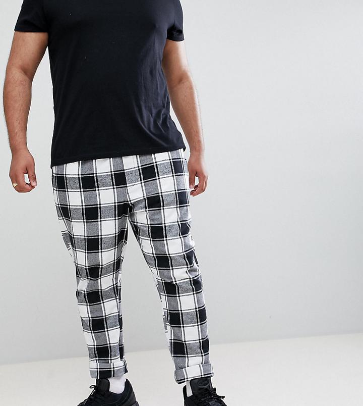 Asos Design Plus Tapered Trousers In Monochrome Flannel Check - Black