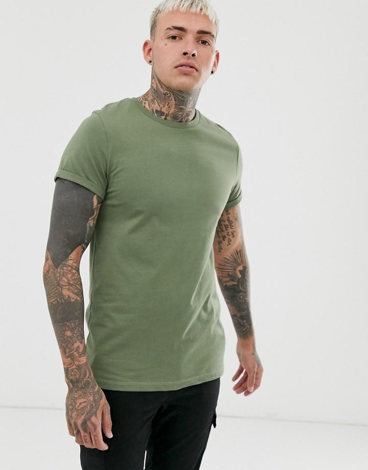 Asos Design T-shirt With Crew Neck And Roll Sleeve In Khaki-green