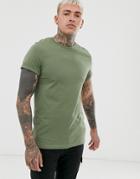 Asos Design T-shirt With Crew Neck And Roll Sleeve In Khaki-green