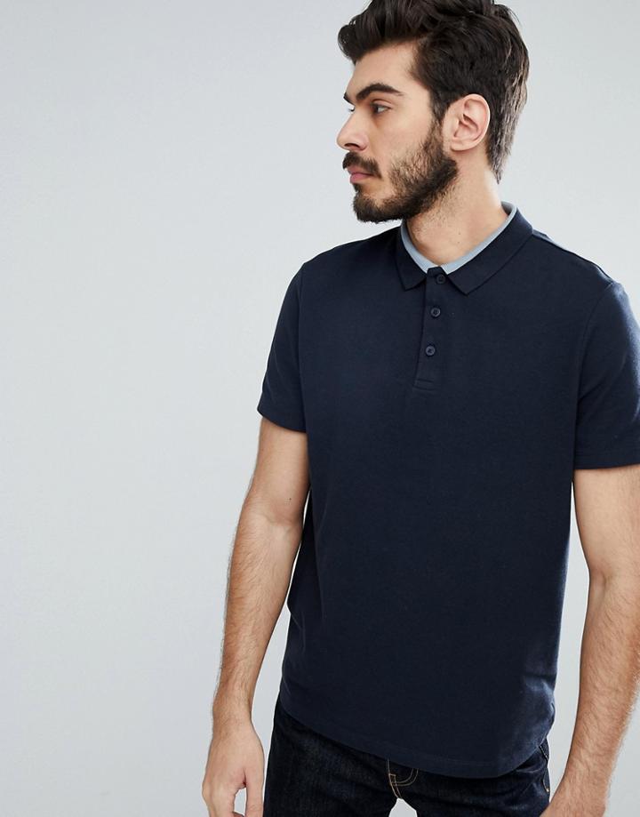 Asos Design Pique Polo With Contrast Collar Detail - Navy