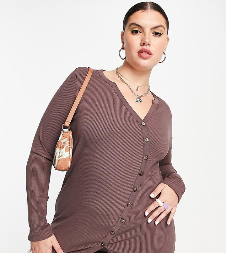Asos Design Curve Set Ribbed Asymmetric Longline Cardigan-brown