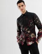 Twisted Tailor Skinny Fit Shirt In Black With Faded Floral - Black