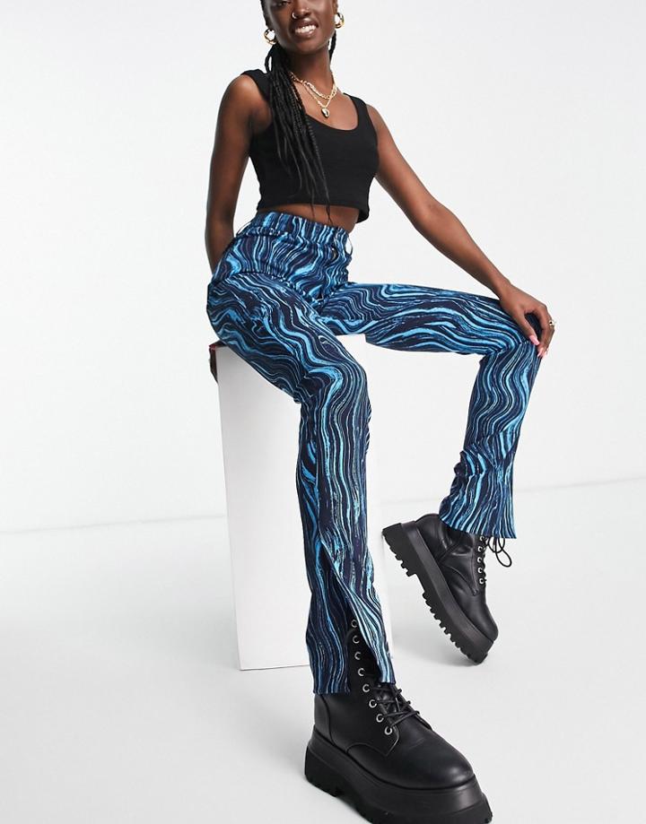Monki Split Hem Slim Pants In Blue Swirl Print