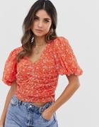 Asos Design Short Sleeve Top With Ruched Detail In Embroidery - Red