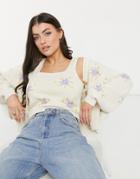 Y.a.s Cardigan Twinset With Lilac Floral Embroidery In Cream-white