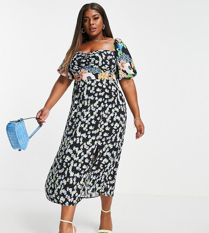 Asos Design Curve Midi Dress In Mixed Floral Print-multi