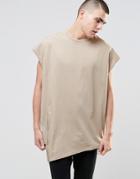 Asos Super Oversized Heavyweight Sleeveless T-shirt With Asymmetric Zip In Stone - Silver Mink