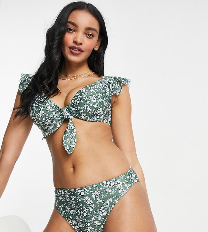 Peek & Beau Fuller Bust Exclusive High Leg Bikini Bottoms In Green Floral