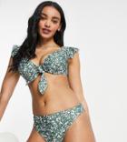 Peek & Beau Fuller Bust Exclusive High Leg Bikini Bottoms In Green Floral
