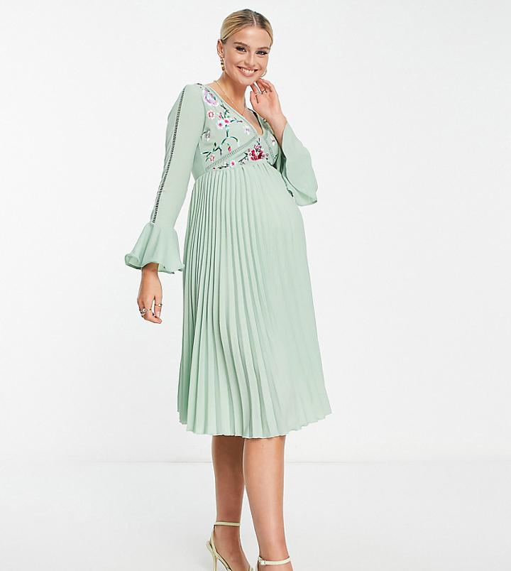 Asos Design Maternity Embroidered Pleated Midi Dress In Sage-green