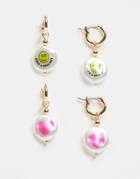 Asos Design Pack Of 2 Hoop Earrings With Printed Happy Face And Heart Pearls In Gold Tone