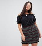 Asos Curve Off Shoulder Sundress With Shirred Embroidered Skirt Panel - Navy