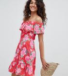 Asos Design Tall Off Shoulder Sundress With Tiered Skirt In Floral Print - Multi