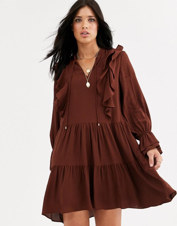 Mango Frill Detail Mini Smock Dress In Rust