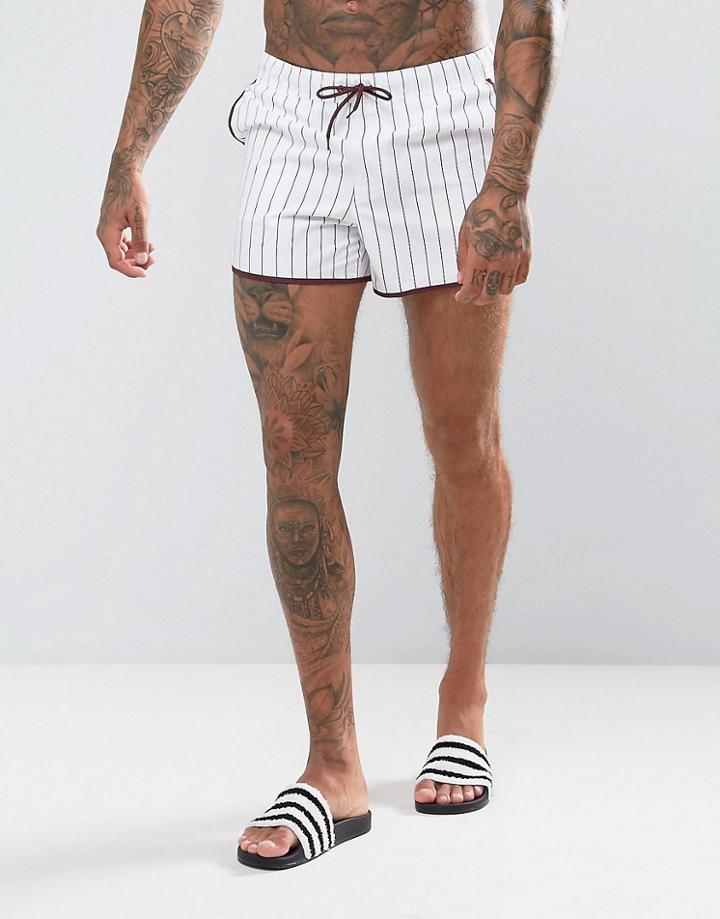 Asos Runner Swim Short In White With Burgundy Stripe Short Length - White
