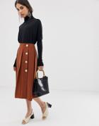Asos Design Knife Pleat Midi Skirt With Gold Metal Buttons - Multi