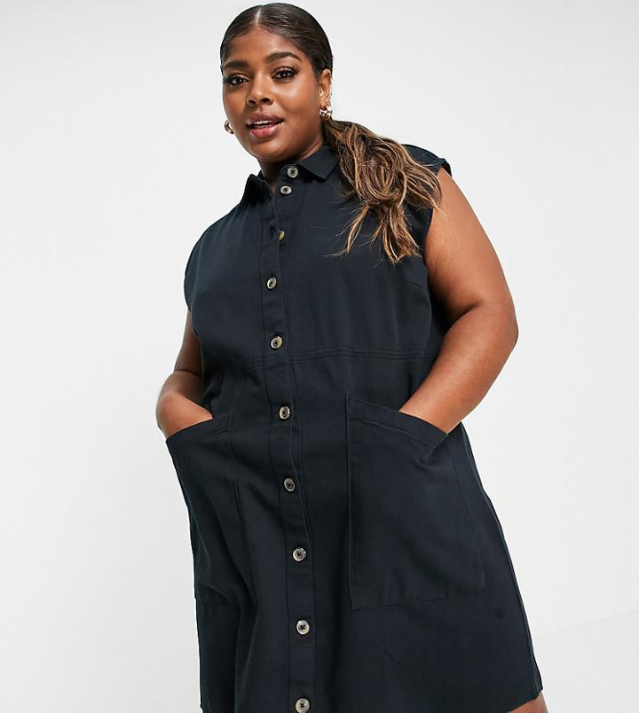 Noisy May Curve Mini Denim Shirt Dress In Black