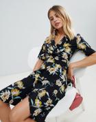 Boohoo Floral Print Wrap Dress - Black