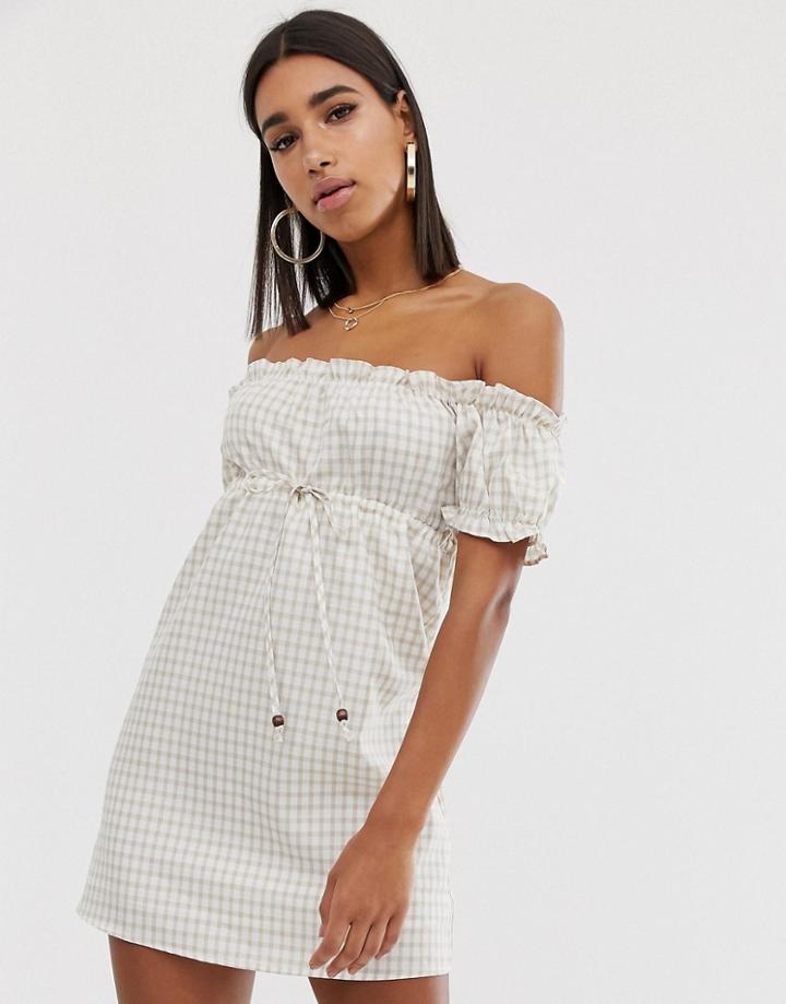Fashion Union Bardot Mini Dress In Gingham-beige