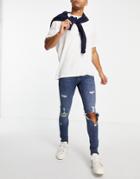 Topman Rip Spray On Jeans In Mid Wash-blues