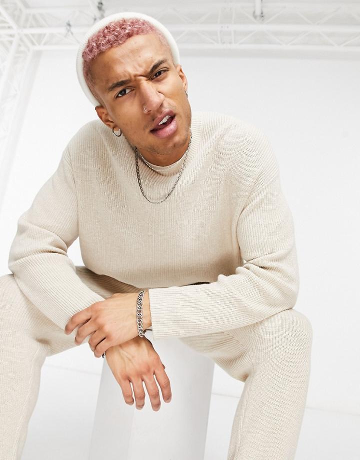 Asos Design Ribbed Set Cotton Sweater In Oatmeal-neutral