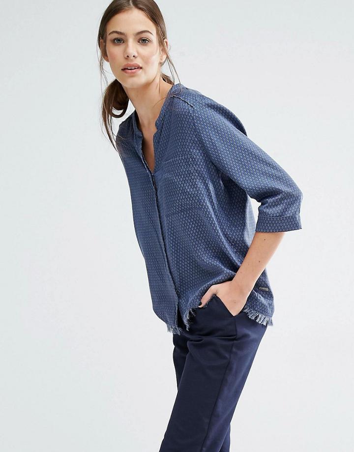 Boss Orange Evena Frayed Hem V Neck Blouse With Pocket - Navy