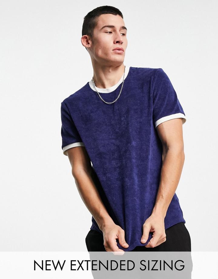 Asos Design T-shirt With Contrast Neck And Cuffs In Navy Towelling