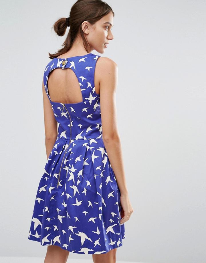 Closet Bird Print Cut Out Belted Dress - Blue