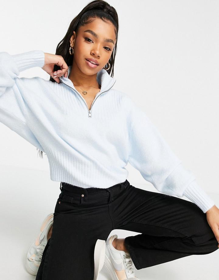 Monki Zip Up High Neck Sweater In Pale Blue