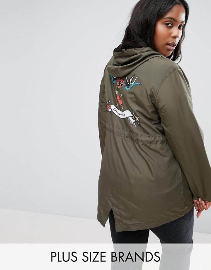 Brave Soul Plus Festival Parka With Swallow Back Print - Green