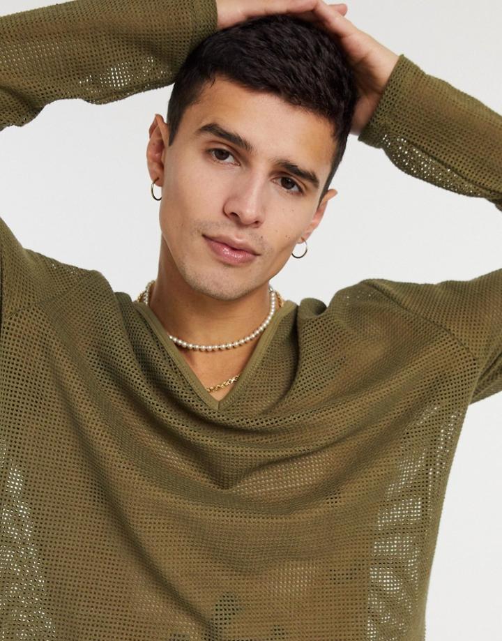 Asos Design Super Longline Long Sleeve T-shirt With Deep V-neck In Green Mesh