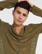 Asos Design Super Longline Long Sleeve T-shirt With Deep V-neck In Green Mesh