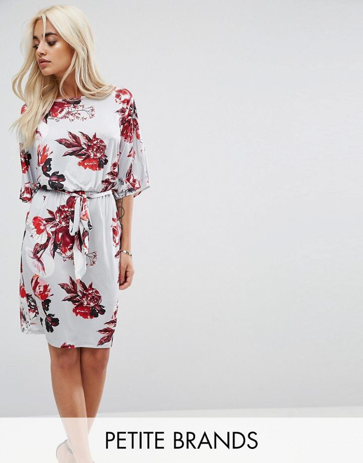 City Goddess Petite Floral Wrap Front Dress - Gray