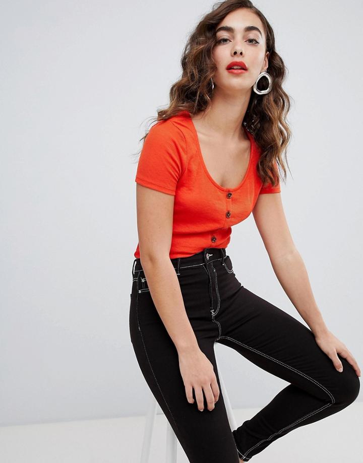 New Look Button Through Rib Tee - Orange