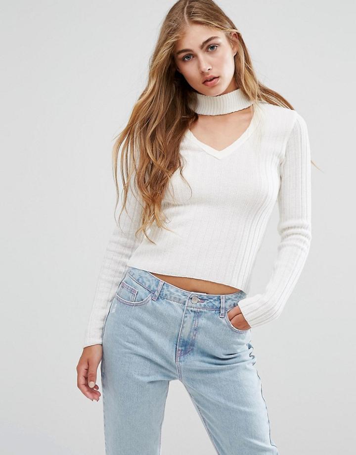 Missguided Neck Tab Skinny Rib Sweater - Cream